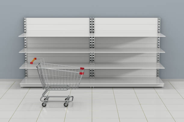 istock Empty store shelves and shopping cart. 3D illustration 1346291021