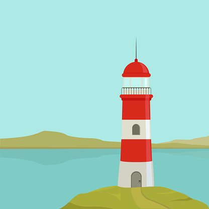 Vector illustration of a red lighthouse on the ocean.