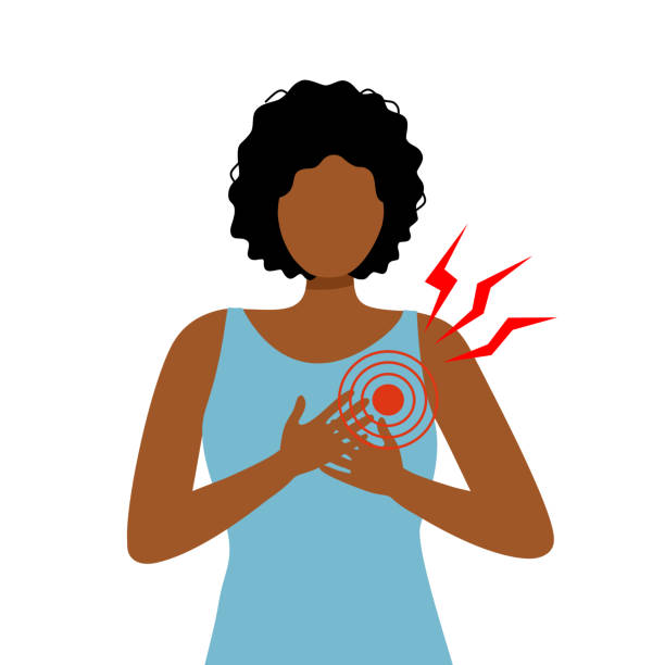 illustrazioni stock, clip art, cartoni animati e icone di tendenza di donna africana con sintomi di malattie cardiache in design piatto su sfondo bianco. illustrazione vettoriale del concetto di infarto. - arresto cardiaco