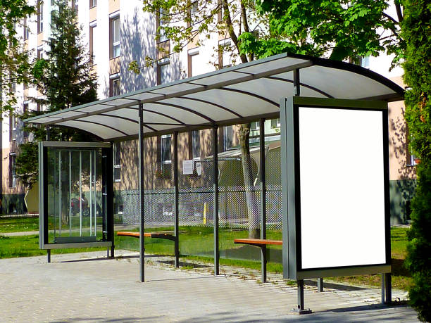 composite image of bus shelter and bus stop. background for mock-up stock photo