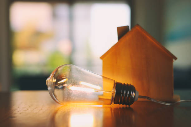 istock Wood house with Light bulb. energy concept or invention 1346294030