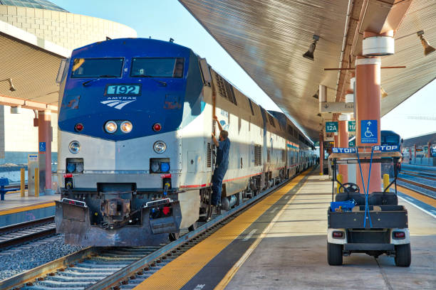 Staff Member preparing for the departure of Amtrak Southwest Chief Train, Los Angeles Union Station stock photo