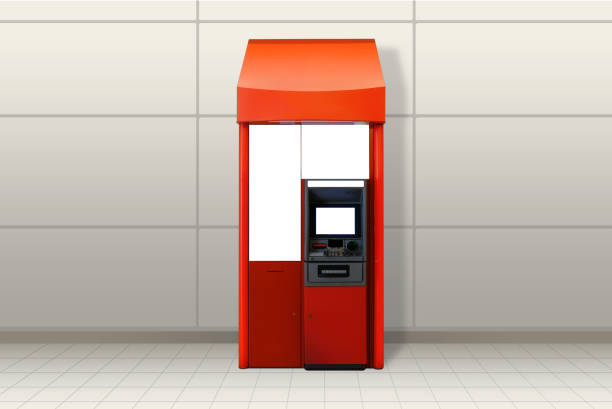One ATM Automated Teller Machines booth for advertising mockup template, light version. Out-of-home OOH media display space for bank advertisements branding; with clipping paths