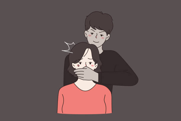 Man cover crying woman face with hand Man cover crying distressed woman face with hand. Family domestic violence and aggressive behavior. Gender sex abuse and discrimination. Beating and aggression in relationship. Vector illustration. humiliate stock illustrations