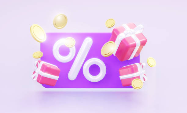 istock Gift card with percent and coins and prize. 3d rendering. 1346299855