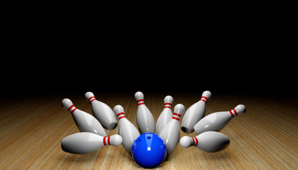 istock 3d render of a bowling strike with skittles and a ball.Digital image illustration. 1346301002