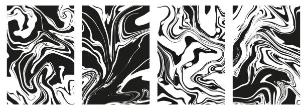 白い背景に抽象的な黒大理石またはエポキシテクスチャのセット。グラフィックスタイリッシュな液体インクの汚れでプリント。カバーデザイン、招待状、ケース、包装紙のためのトレンデ� - backgrounds textured inks on paper black点のイラスト素材／クリップアート素材／マンガ素材／アイコン素材