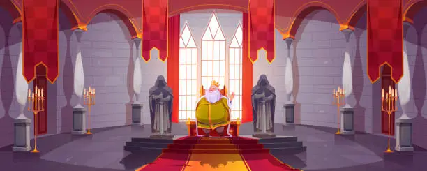 Vector illustration of King in gold crown on throne in medieval castle