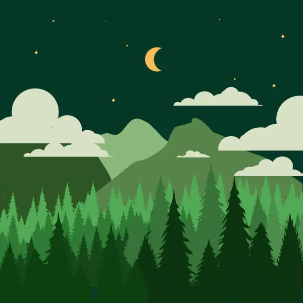 Vector illustration of Nighttime Tropical Forest and Mountains Silhouette Background Illustration