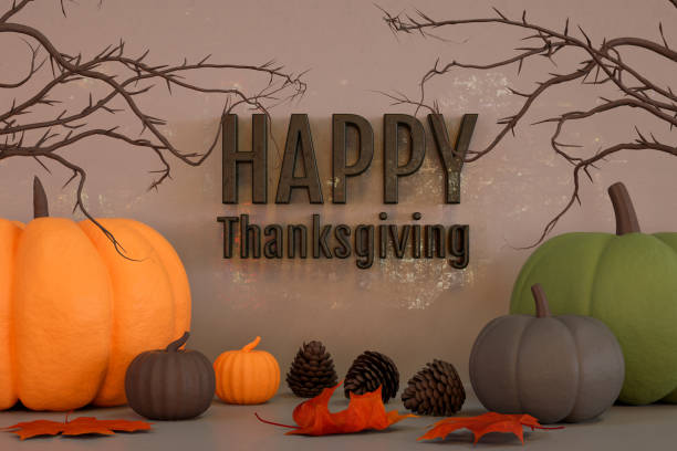 istock Happy Thanksgiving, Pumpkins on Gray Background 1346307000