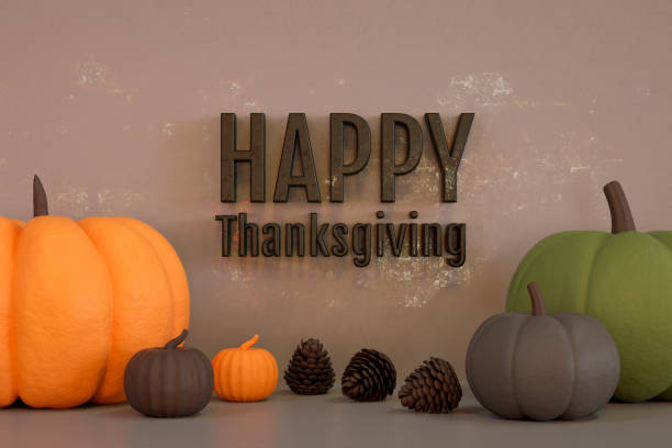 istock Happy Thanksgiving, Pumpkins on Gray Background 1346307107