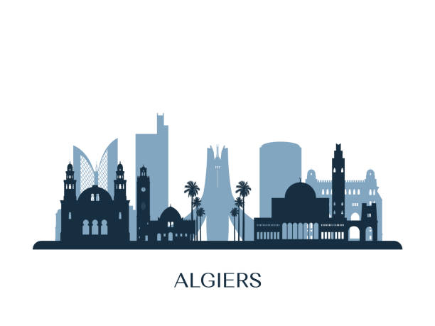 algiers skyline, monochrome silhouette. vector illustration. - 阿爾及利亞 幅插畫檔、美工圖案、卡通及圖標