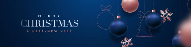 merry christmas and happy new year vector banner. realistic rose gold and blue baubles, snowflakes hanging on dark blue background. christmas balls motion blur effect. luxury background. - merry christmas stock illustrations