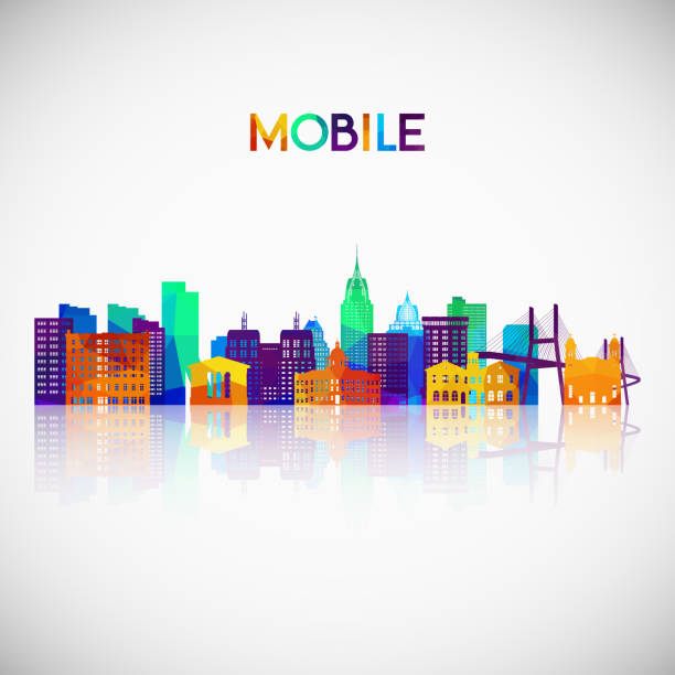 Mobile skyline silhouette in colorful geometric style. Symbol for your design. Vector illustration. Mobile skyline silhouette in colorful geometric style. Symbol for your design. Vector illustration. alabama stock illustrations
