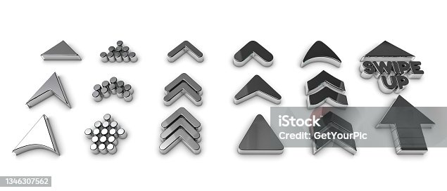 istock Arrow Set Swipe Up - Different Silver Metallic 3D Illustrations - Isolated On White Background 1346307562
