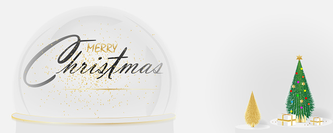 Merry Christmas banner. Xmas Snowball with trees and house. Glass snow globe realistic 3d design. Festive Christmas object. Holiday poster, header for website, greeting card, flyer