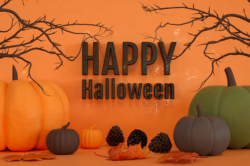 3d render, Happy Halloween Background with Pumpkins. Orange color background.