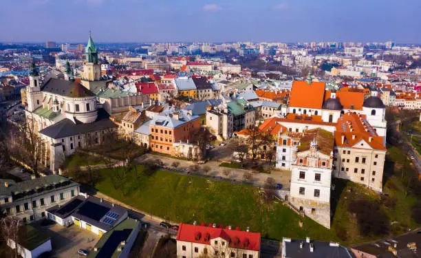 Aerial view of historic center of Lublin overlooking Dominican monastery and Catholic Archcathedral in spring day, Poland
