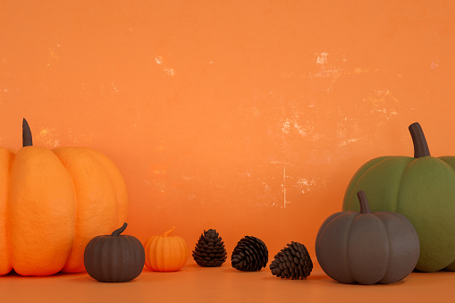 3d render, Happy Halloween Background with Pumpkins. Orange color background.