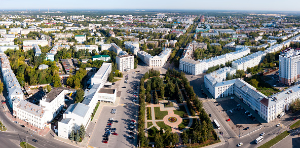 Aerial photo of Dzerzhinsk, Russian city in Nizhny Novgorod Oblast with view of Lenin avenue and Monument to Dzerzhinskiy.