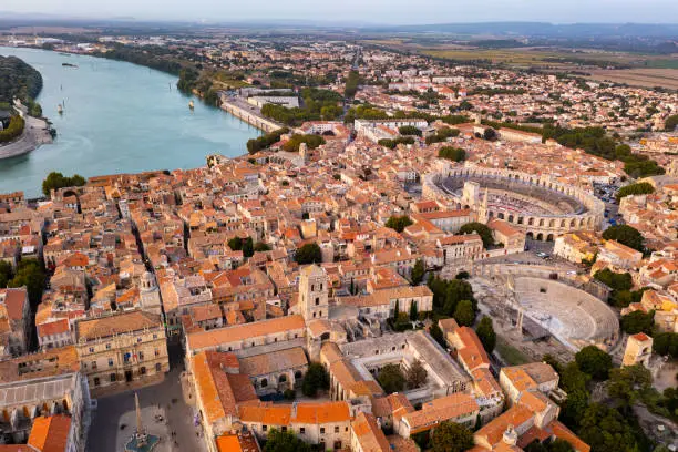 View from drone of ancient city Arles and roman amphitheatre, France