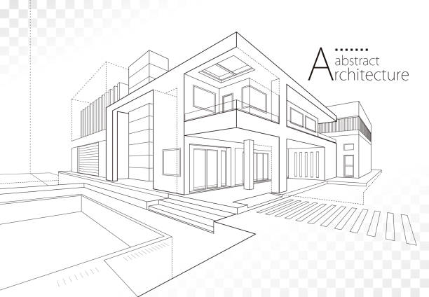 Abstract Architecture Building Line Drawing. 3D illustration linear drawing. Imagination architecture building design, architecture modern house abstract background. architectural model house stock illustrations