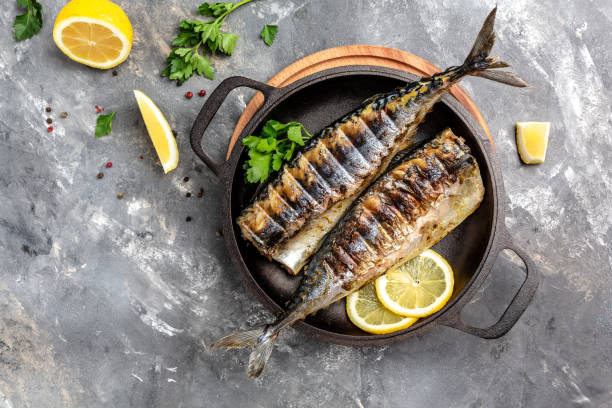 istock Beer Fest menu. Grilled mackerel fish with lemon herbs and spices, Restaurant menu, dieting, cookbook recipe 1346318404