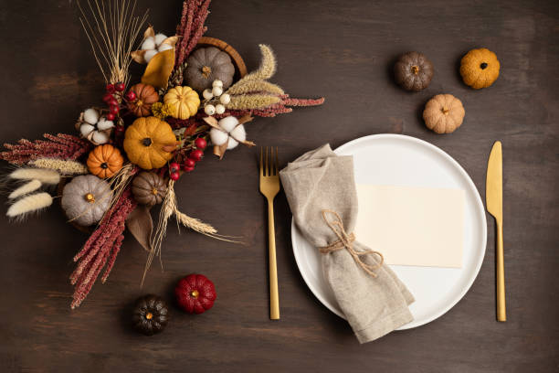 istock Rustic menu mockup with plate and autumn table decoration. Floral interior decor for fall holidays 1346323528