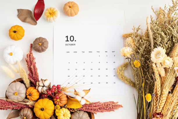 istock Flat lay with calendar for october with autumn table decoration 1346323537