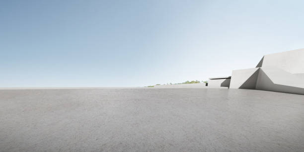 istock 3d render of futuristic concrete architecture with car park, empty cement floor. 1346324714