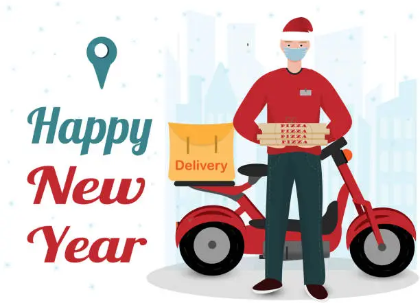 Vector illustration of Santa Claus food delivery man on a scooter with boxes of pizza, holiday, Christmas and New Year, vector flat design