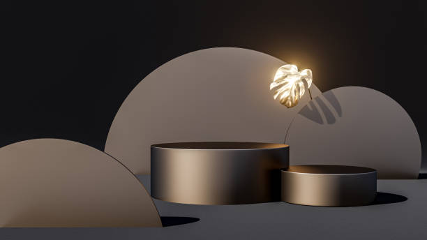 istock Gold podium on dark background Empty pedestal for award ceremony. Platform illuminated by spotlights. Vector illustration. 1346328201