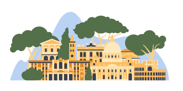 ilustrações, clipart, desenhos animados e ícones de itália, roma. a paisagem arquitetônica da cidade europeia. ilustração vetorial. - rome vatican italy city