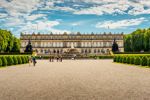 Versailles, Pais, France - aug 14, 1997: view of the inner side of the palace of Versailles with the gardens and flower beds