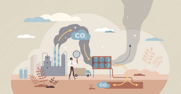 ilustrações, clipart, desenhos animados e ícones de captura de carbono como redução de co2 com uso de emissões conceito de pessoa minúscula - utilization