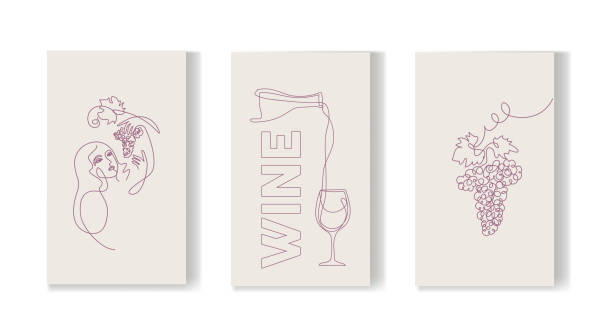 A set of grape posters A set of posters of wine, a girl picking grapes, a bunch of grapes. Draw a continuous line. wine bottle illustrations stock illustrations