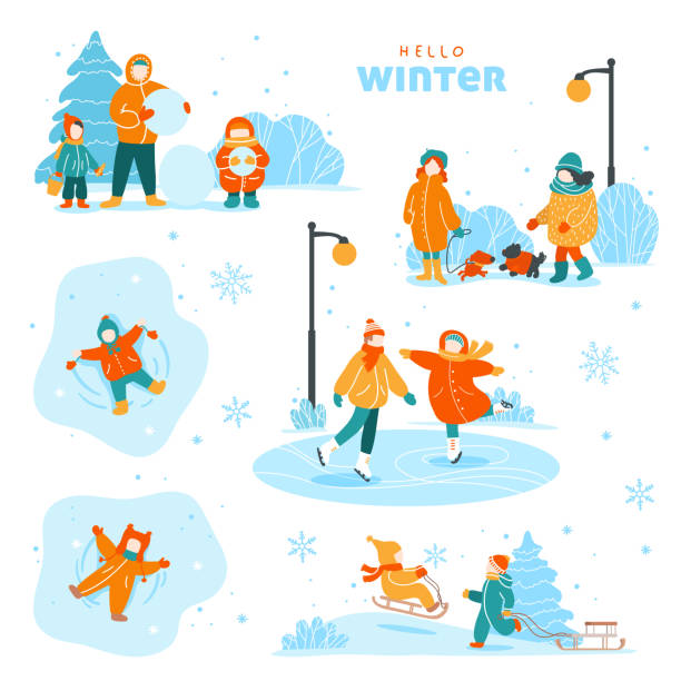 Set of winter outdoor activities Set of winter outdoor activities. Adults and children walk in the city park. Colorful vector illustration. snow angels stock illustrations