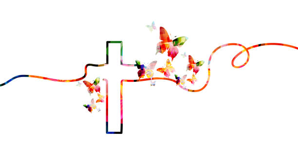 Christian cross with butterflies isolated vector illustration. Religion themed background. Design for Christianity, prayer and care, church service, communion, charity, help and support Christian cross with butterflies isolated vector illustration. Religion themed background. Design for Christianity, prayer and care, church service, communion, charity, help and support communion stock illustrations