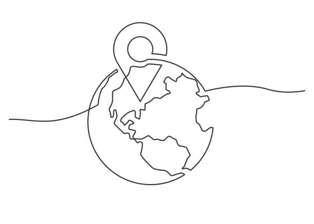 ilustrações, clipart, desenhos animados e ícones de globo ponteiro uma linha - direction arrow sign globe planet