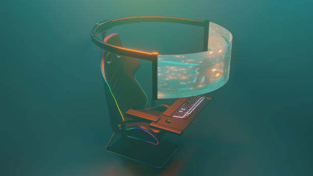 istock Video game in futuristic setting with big wide screen 1346335957