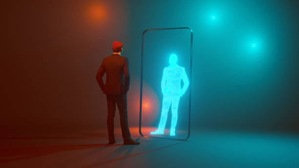 Digital authentication concept with man meeting his digital twin