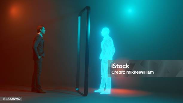 Digital And Analog Life Meets When Man Confronts His Digital Twin Online Stock Photo - Download Image Now
