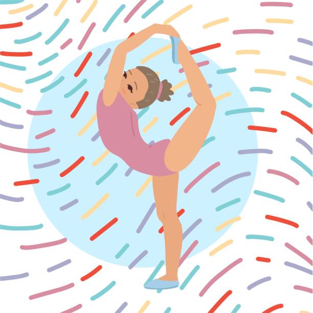 ilustrações de stock, clip art, desenhos animados e ícones de girl gymnast, acrobatic pose, twine, holds her leg over her head. vector banner design, illustration with character. vector drawing in cartoon style - small gymnastics athlete action