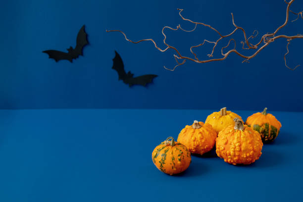 istock Five orange decorative pumpkins, two black paper bats and spooky bare tree branch on deep blue background. Dark atmospheric Halloween mockup. Autumn holiday sale. Still life composition. Copy space 1346336952