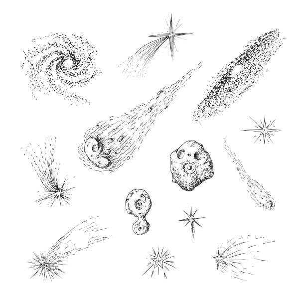 Space objects, vector illustrations. Meteors, comets and galaxies, collection of drawings. Drawn astronomical bodies. Space objects, vector illustrations. Meteors, comets and galaxies, collection of drawings. Drawn astronomical bodies. meteor illustrations stock illustrations