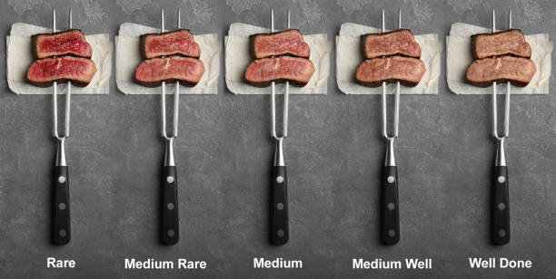 delicious sliced beef tenderloins with different degrees of doneness on grey background, top view. banner design - rare imagens e fotografias de stock