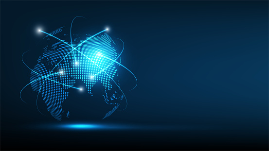 Global technology network connection background with copy space. World map points and line composition concept of global business, Vector Illustration