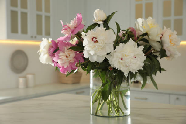 istock Bouquet of beautiful peonies on table in kitchen 1346340470