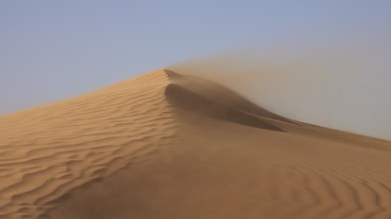 Sand blowing in sand dunes in wind, Sahara desert