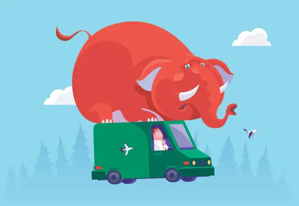 Vector illustration of businessman carrying elephant with flying van